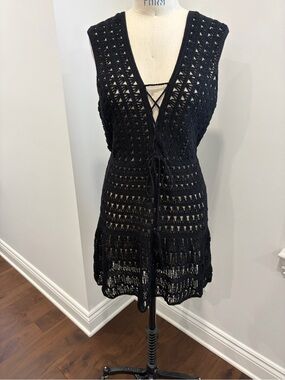 Black Crochet Swim Coverup Tie-Waist Vest-never been worn